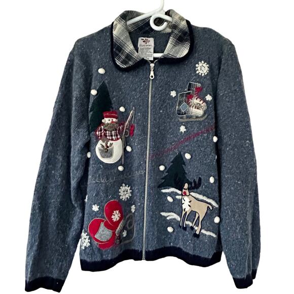 NutCracker knit cardigan fishing snowman reindeer flannel collar Christmas L - Picture 1 of 12